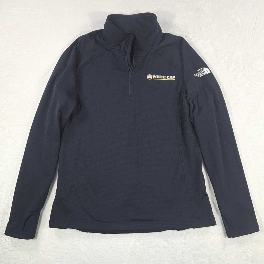 The North Face Womens Navy Blue Quarter Zip Pullover Thumbholes Large White Cap